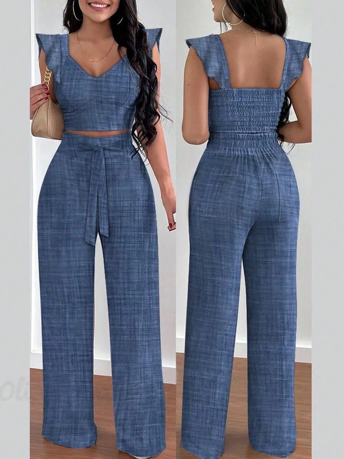 Women's Summer Solid Color Sweetheart Neck Cap Sleeve Crop Top And Waist Tie Long Pants Set