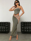 Haute Mixed Denim Asymmetric Coset Top & Maxi Skirt Two Piece Set