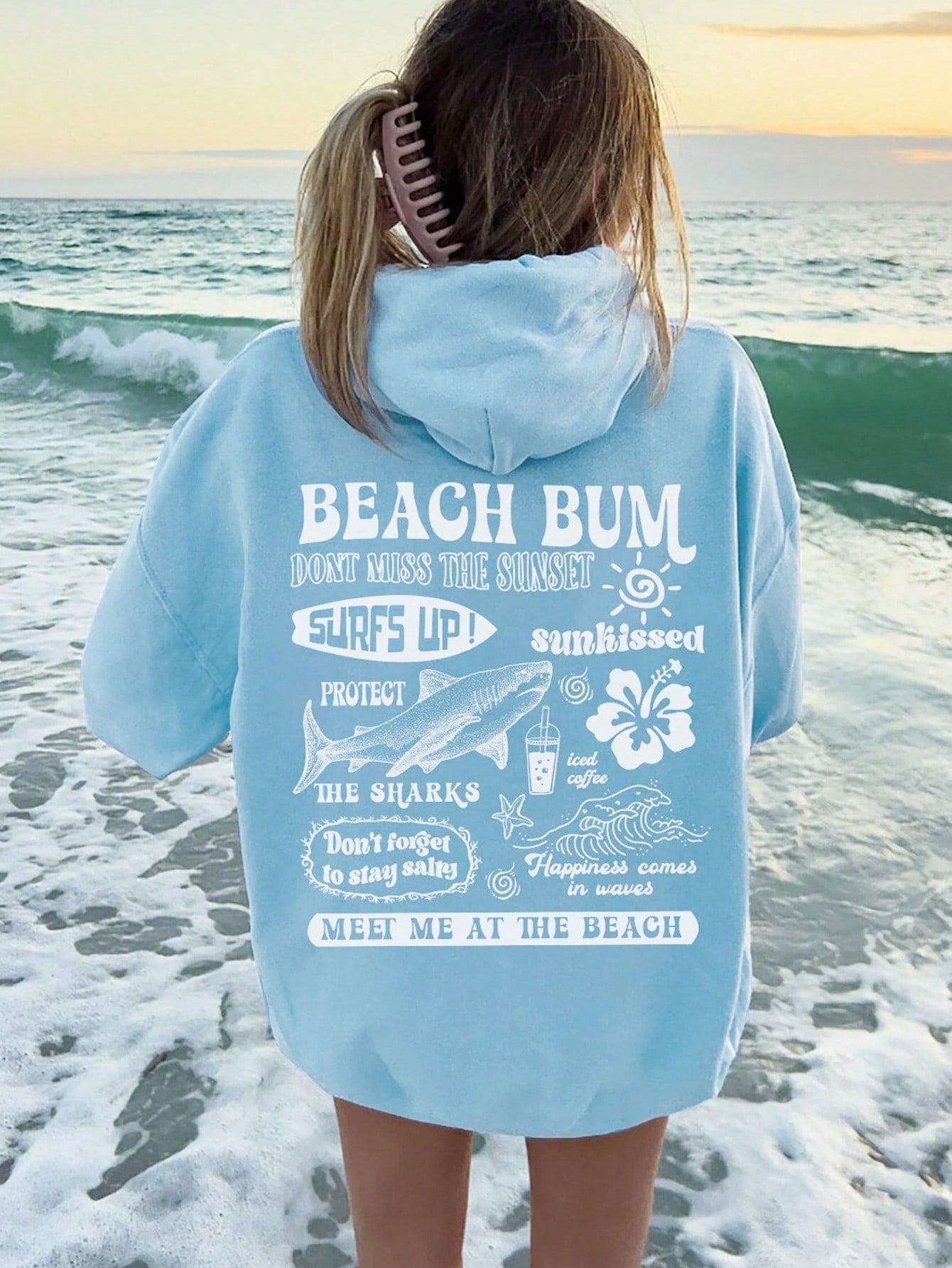 Beach Slogan Graphic Drop Shoulder Drawstring Hooded Sweatshirt