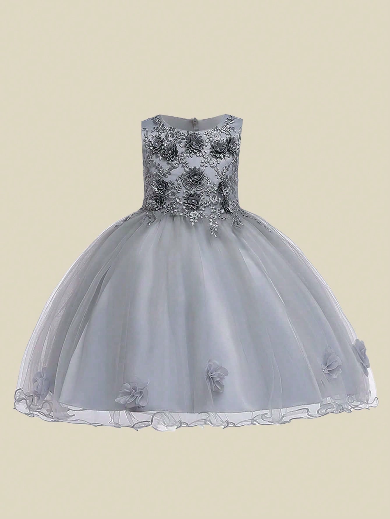 Tween Girl Formal Dress In Solid Color Net Tulle Satin With 3D Flower Decoration And Puffy Skirt, Perfect For Birthday Party Or Campus Performance