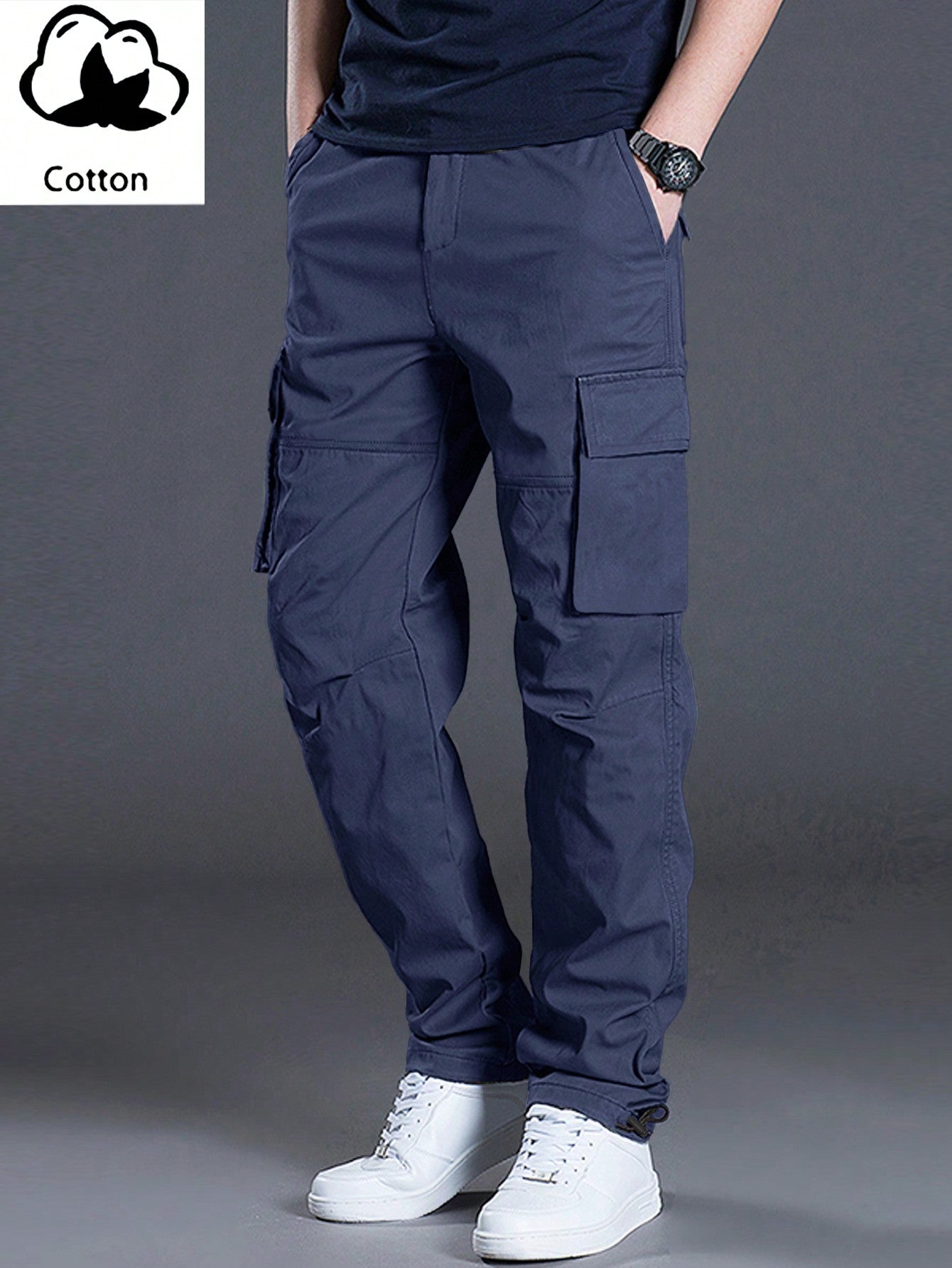 Men's Casual Solid Color Cargo Pants With Flap Pockets And Drawstring Waist