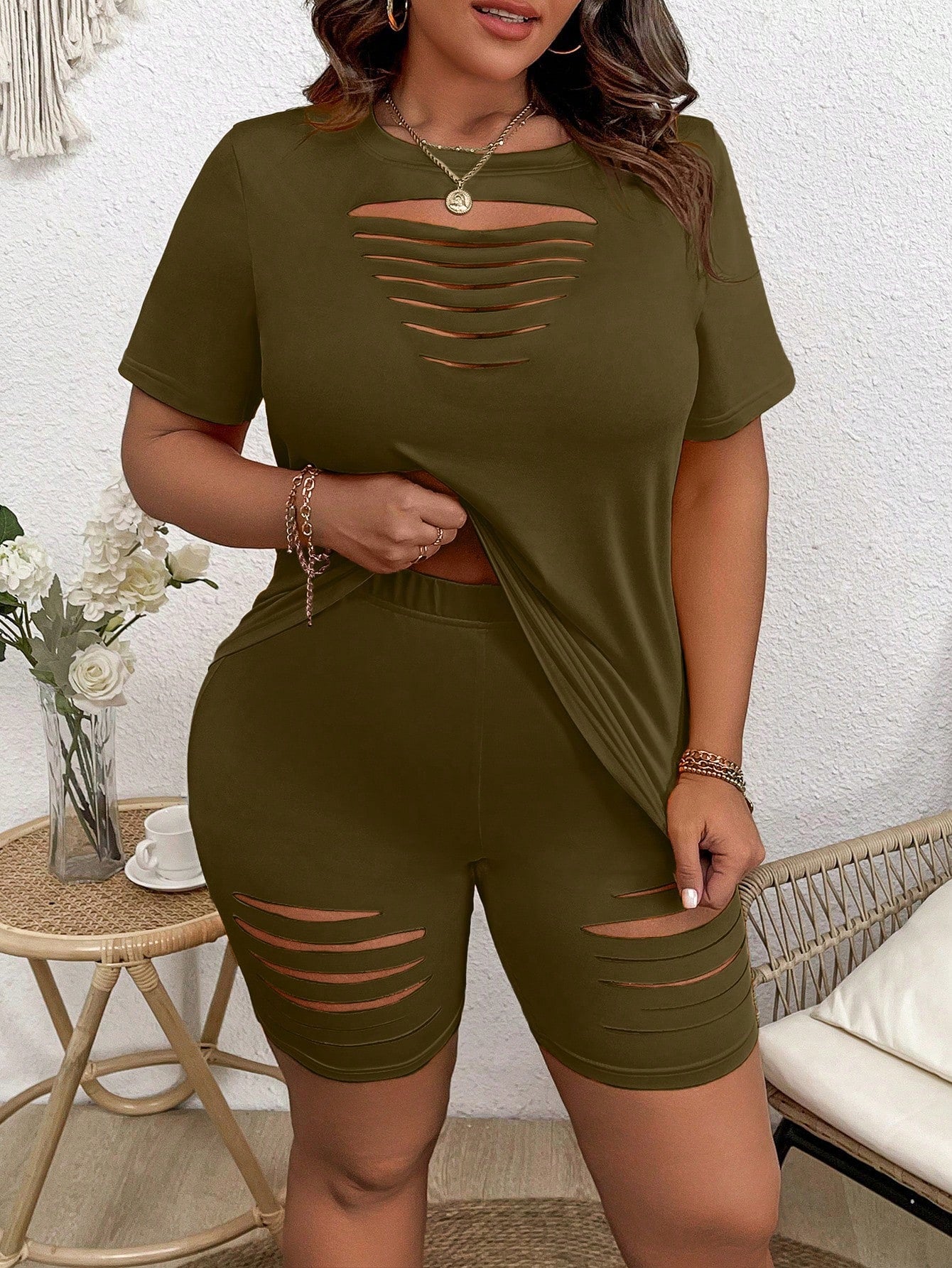 Plus Size Women's Solid Color Hollow Out Round Neck Short Sleeve T-Shirt And Shorts Set