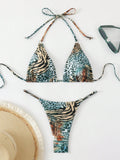 Swim Women's Summer Beach Leopard & Zebra Printed Halter Tie Sexy Two-Piece Bikini Set, Random Print