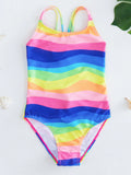 Rainbow Wave Striped Fashionable Backless Tankini Swimsuit For Tween Girls