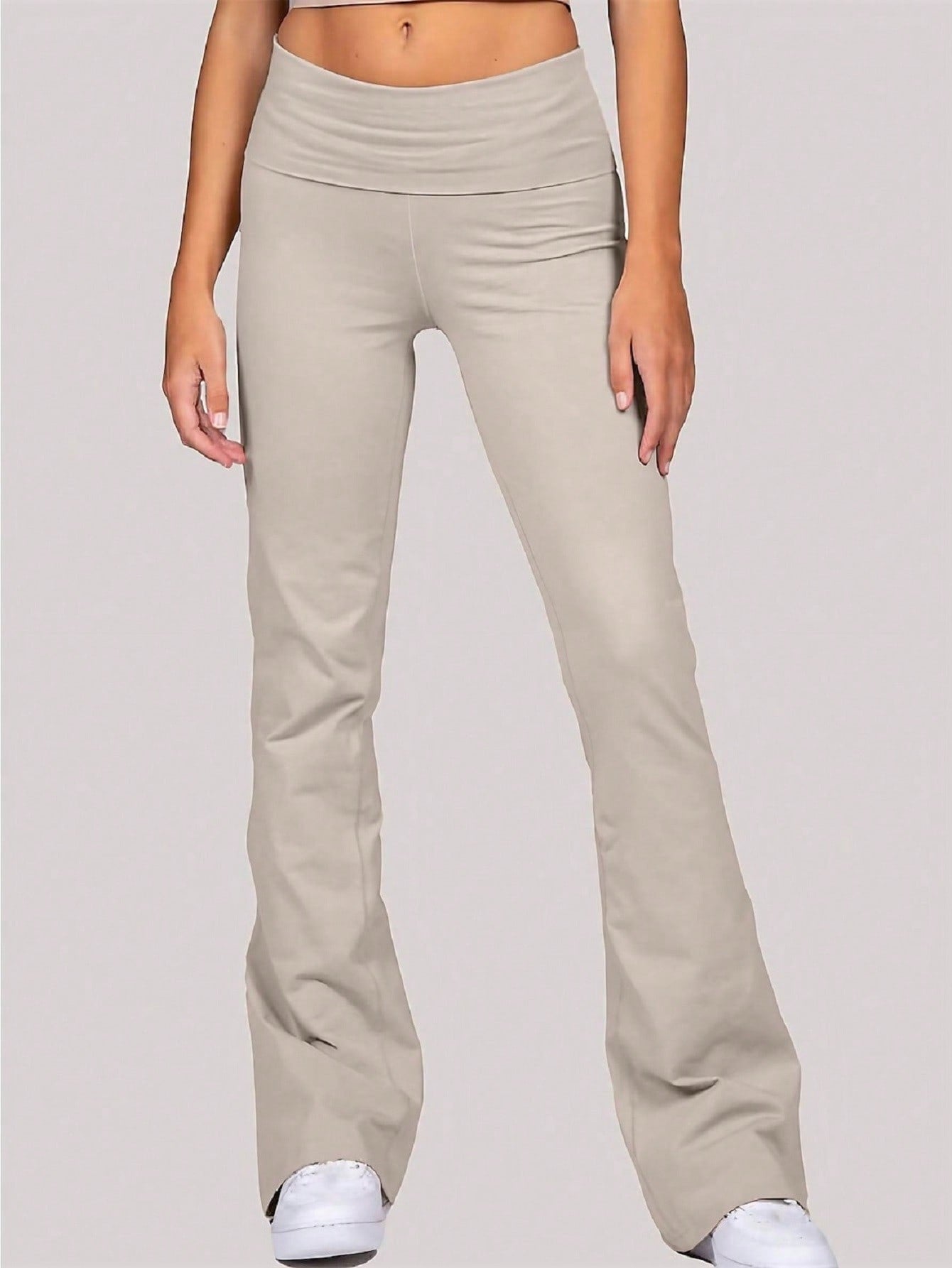 Solid Fold Waist Flare Leg Pants