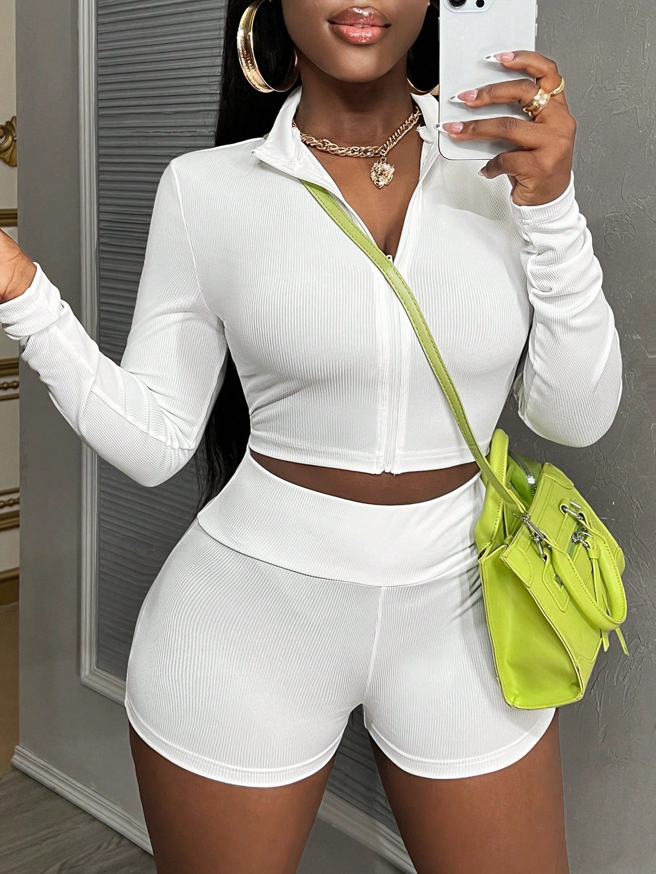 Casual White Rib-Knit Stand Collar Zipper Front Skinny Long Sleeve  Top And Short Leggings Set
