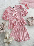 Holiday Leisure Striped Bow Tie Short Sleeve Top And Shorts Set