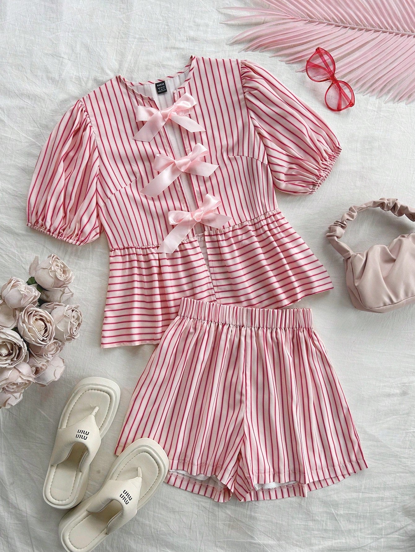 Holiday Leisure Striped Bow Tie Short Sleeve Top And Shorts Set
