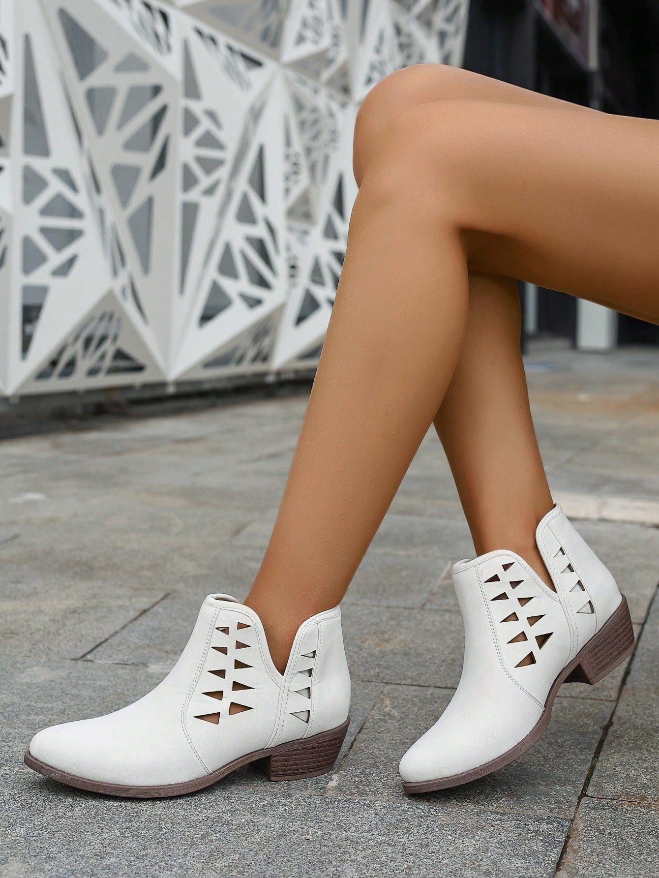 White Hollow Out High Heel Ankle Boots And Short Boots, Versatile For Holiday And Daily Wear, Women's