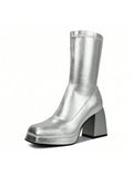 Go Go Boots For Women, With Square Toe, Chunky Heel And Side Zipper Design, Sassy And Glaring