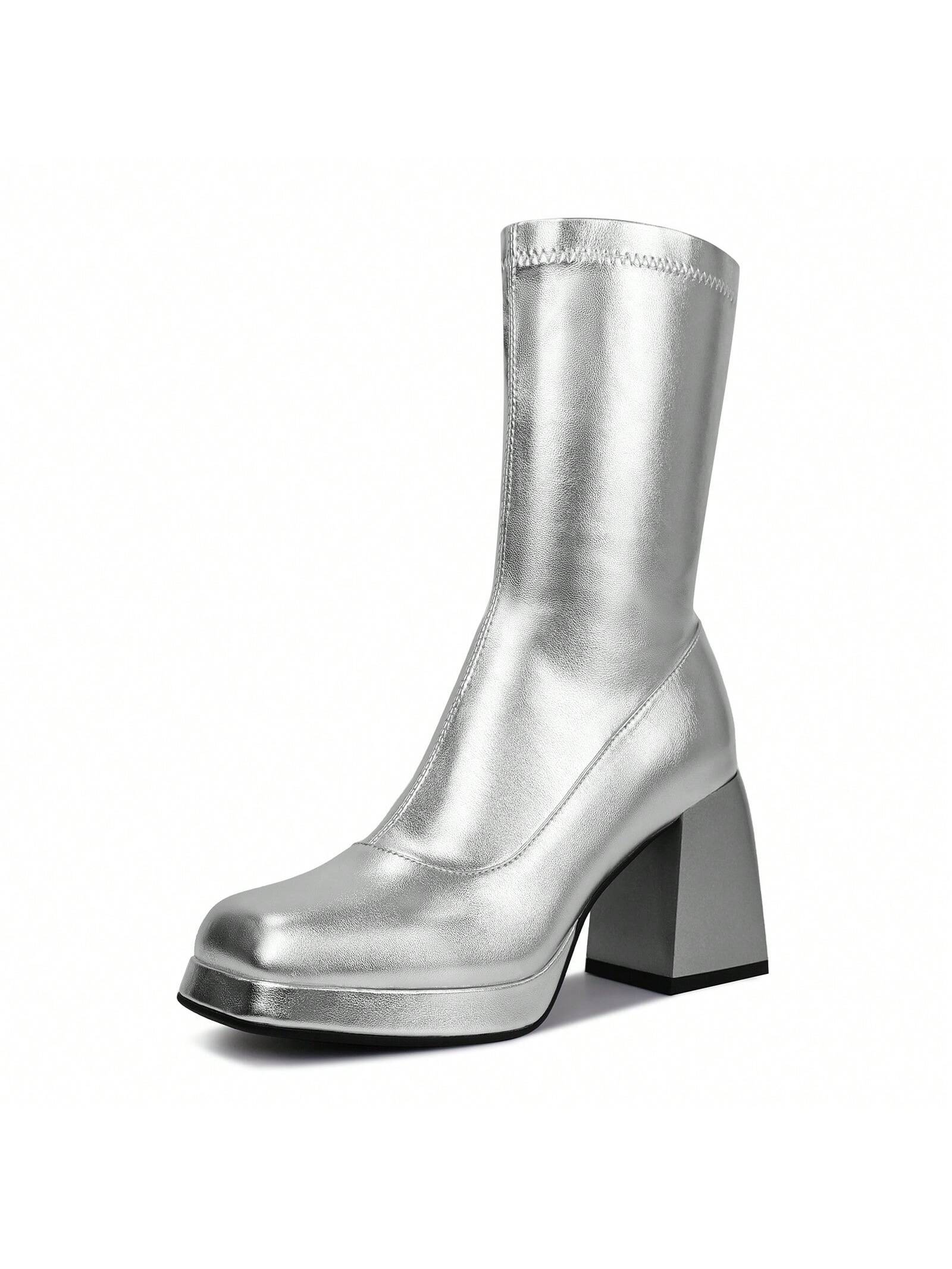 Go Go Boots For Women, With Square Toe, Chunky Heel And Side Zipper Design, Sassy And Glaring