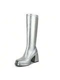 Knee High Gogo Boots, With Square Toe, Side Zipper And Chunky Heel Design For 60 70's Party