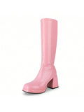 Knee High Gogo Boots, With Square Toe, Side Zipper And Chunky Heel Design For 60 70's Party