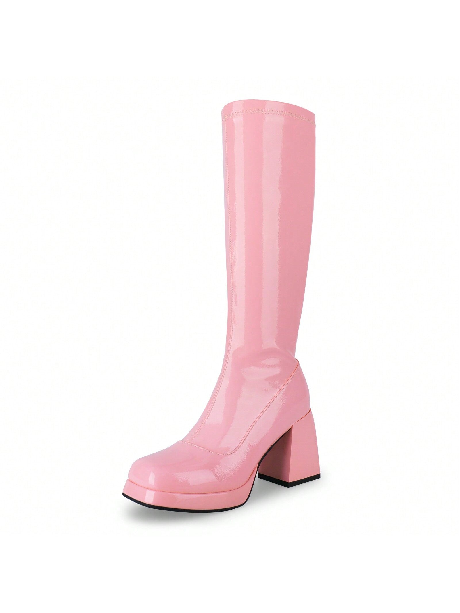 Knee High Gogo Boots, With Square Toe, Side Zipper And Chunky Heel Design For 60 70's Party