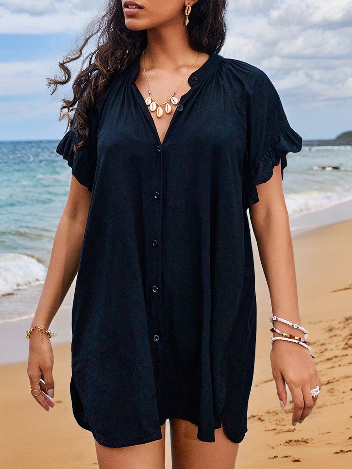 Swim Vcay Flounce Sleeve Button Front Kimono