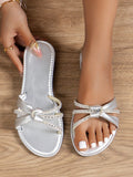 Women's Plus Size Round Toe Flat Sandals With Rhinestone Decoration, Perfect For Skirts And Beach