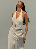 Spring/Summer Office Lady V-Neck Sleeveless Top With Open Back & Wide Leg Pants, Slimming And Lengthening Outfit For Streetwear