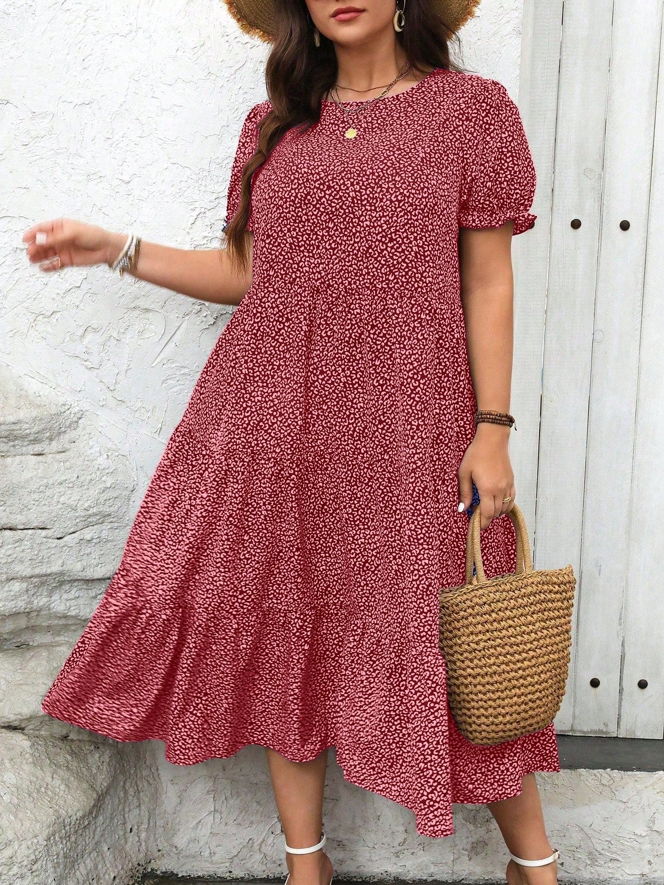 Frenchy Women's Plus Size Bubble Sleeve Leopard Print Dress