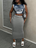 Street Style Academy Printed Ribbons Sleeveless Tied Crop Tank Top & Grey Tight Knee-Length Boducon Skirt Set
