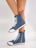 Autumn High-Top Lace-Up Canvas Ankle Boots With Side Zipper