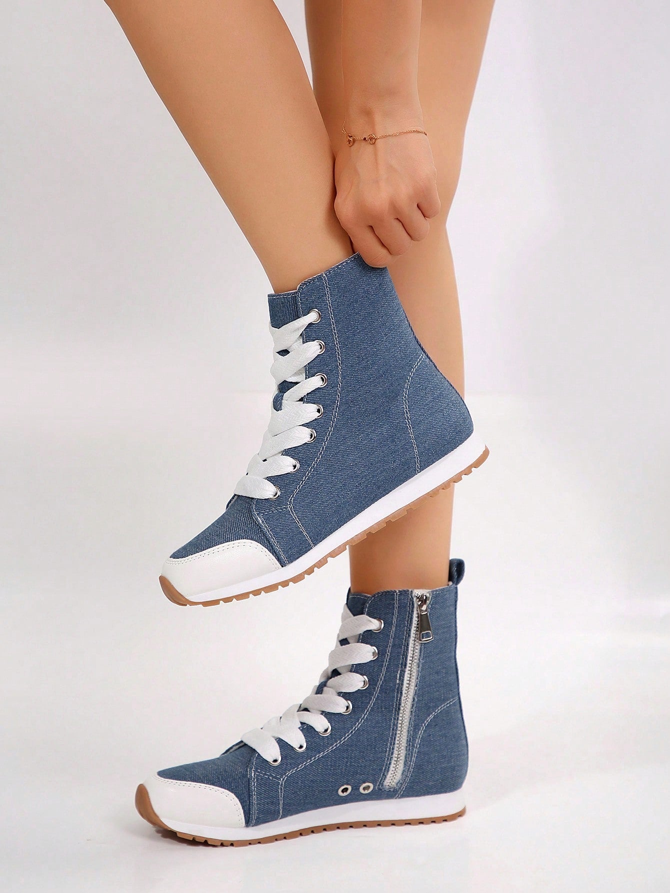 Autumn High-Top Lace-Up Canvas Ankle Boots With Side Zipper