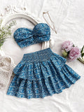 Floral Print Tube Top & Shirred Waist Ruffle Hem Skirt For Summer Vacation