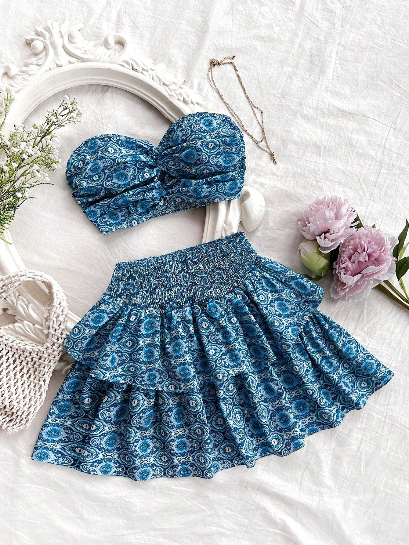Floral Print Tube Top & Shirred Waist Ruffle Hem Skirt For Summer Vacation