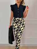 Ruffle Trim Blouse & Geo Print Pants For Summer