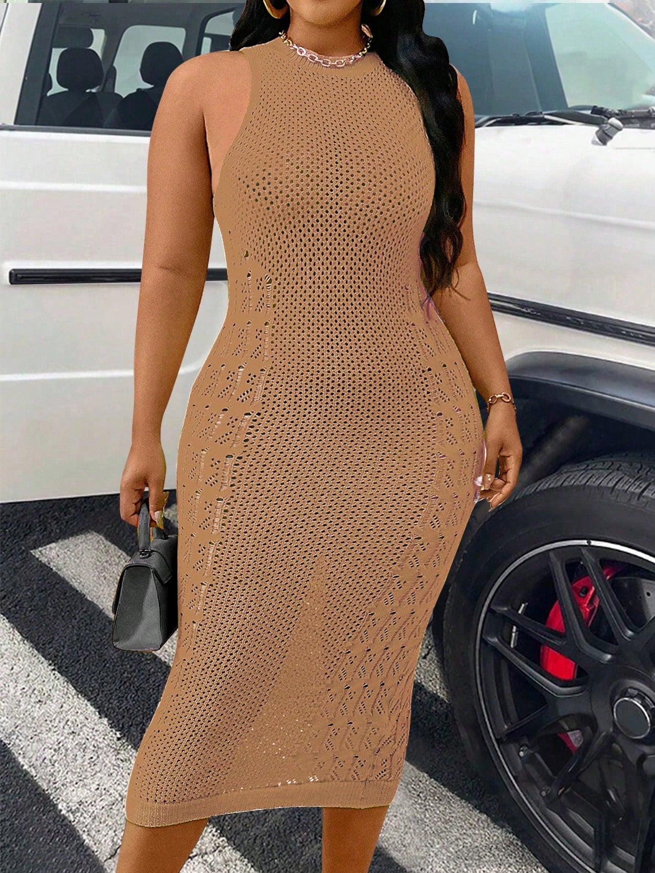 Plus Size Women's Solid Color Sleeveless Bodycon Sweater Dress For Summer