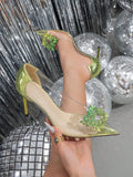 2024 Autumn New Arrival 9cm High Heel Pointed Toe Transparent Stiletto Pump With Green Rhinestones For Women