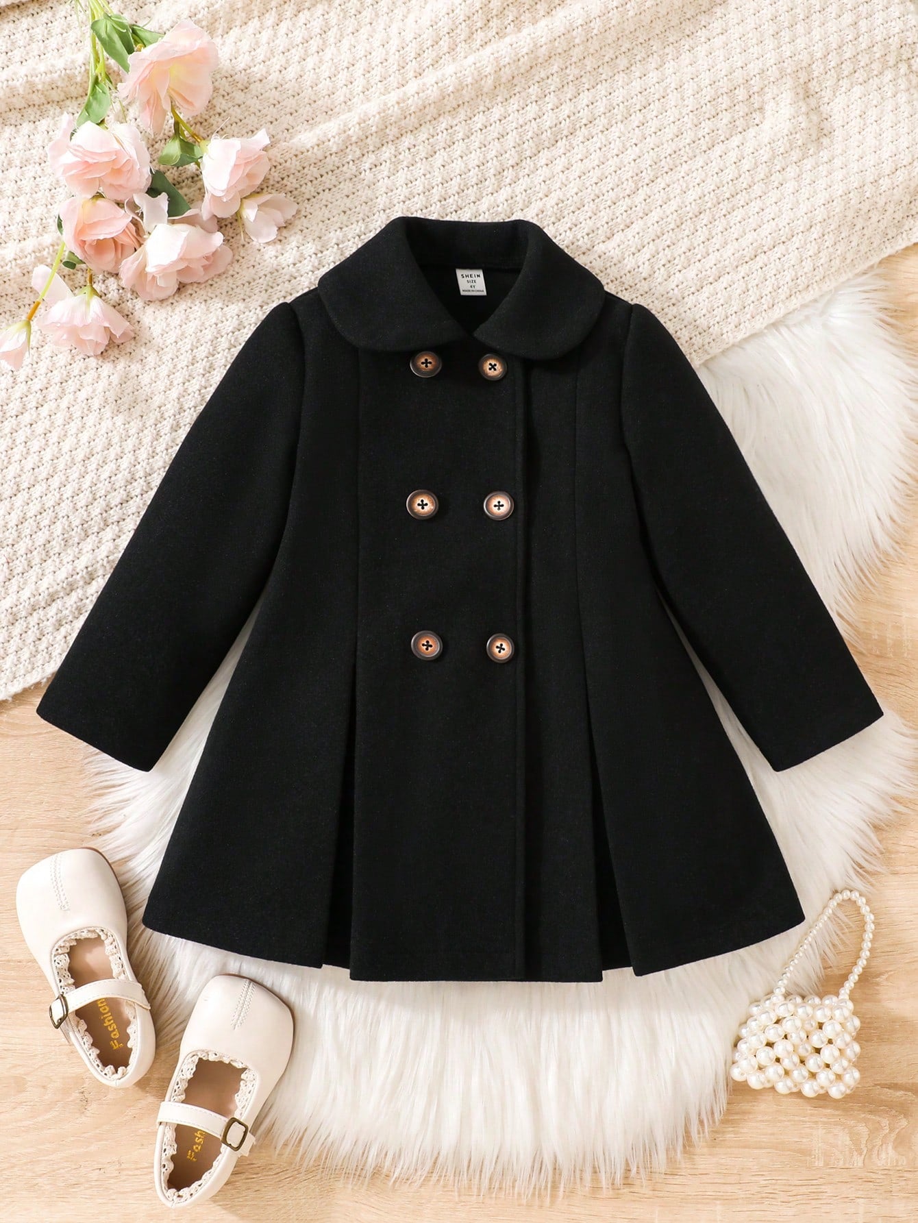 Young Girls' Black Double-Breasted Peter Pan Collar Woolen Coat On Sale