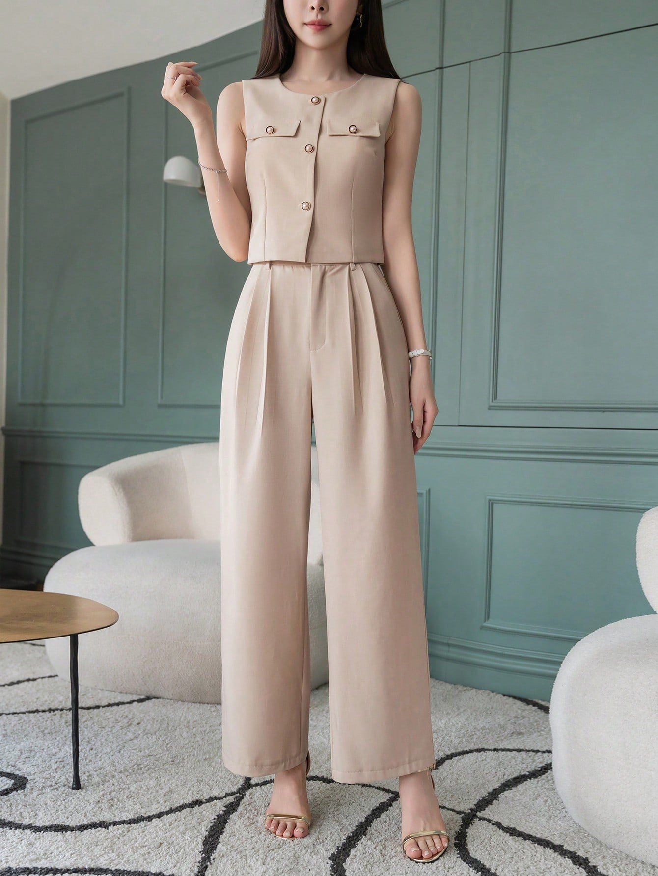 Ladies' Solid Color Suit Vest And Wide-Leg Pants 2pcs/Set