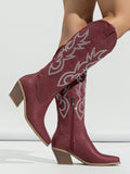 Women's Pointed Toe Side Zipper Black Boots With Chunky/Medium Heel, Embroidered Western Style For Autumn/Winter Warmth And Elegance, Knee-High Boots/Cowboy Boots