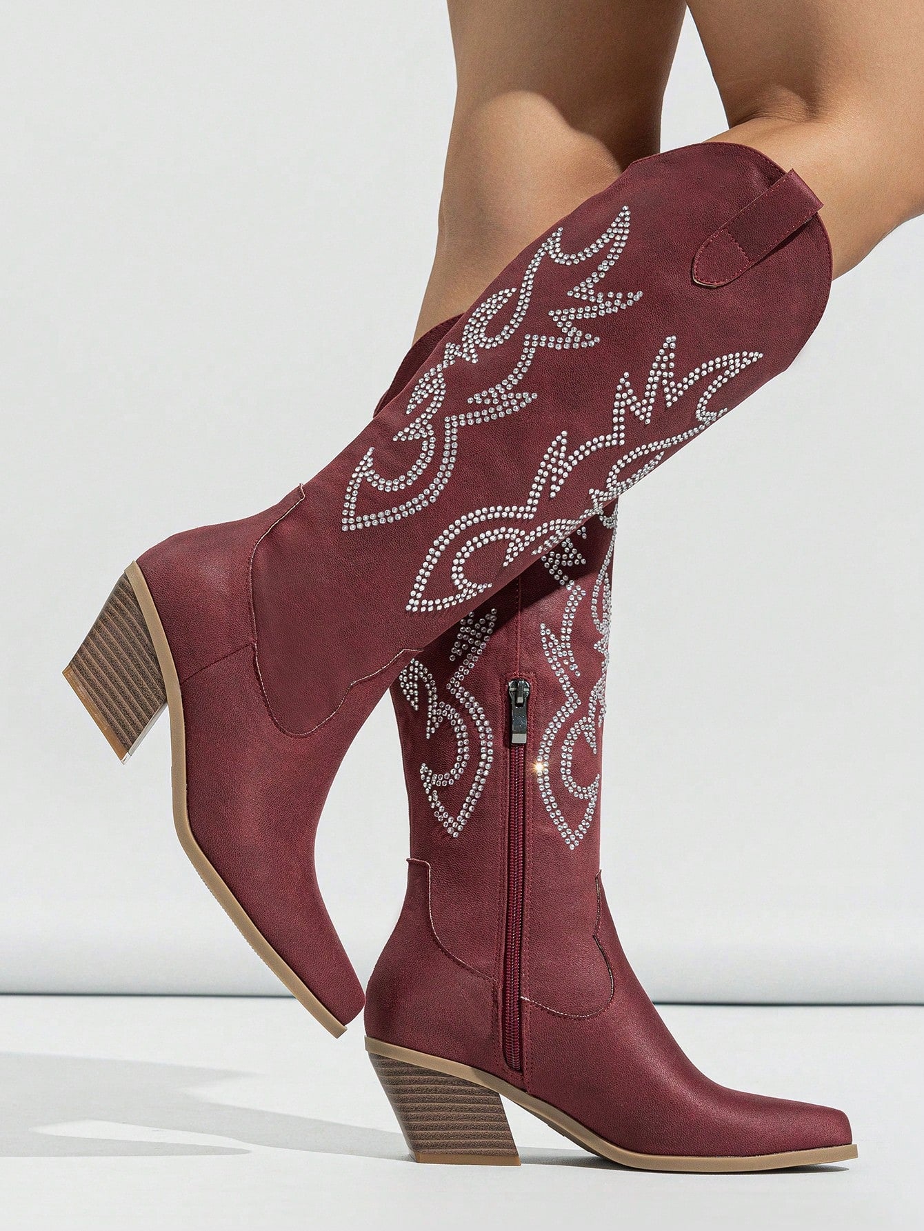 Women's Pointed Toe Side Zipper Black Boots With Chunky/Medium Heel, Embroidered Western Style For Autumn/Winter Warmth And Elegance, Knee-High Boots/Cowboy Boots