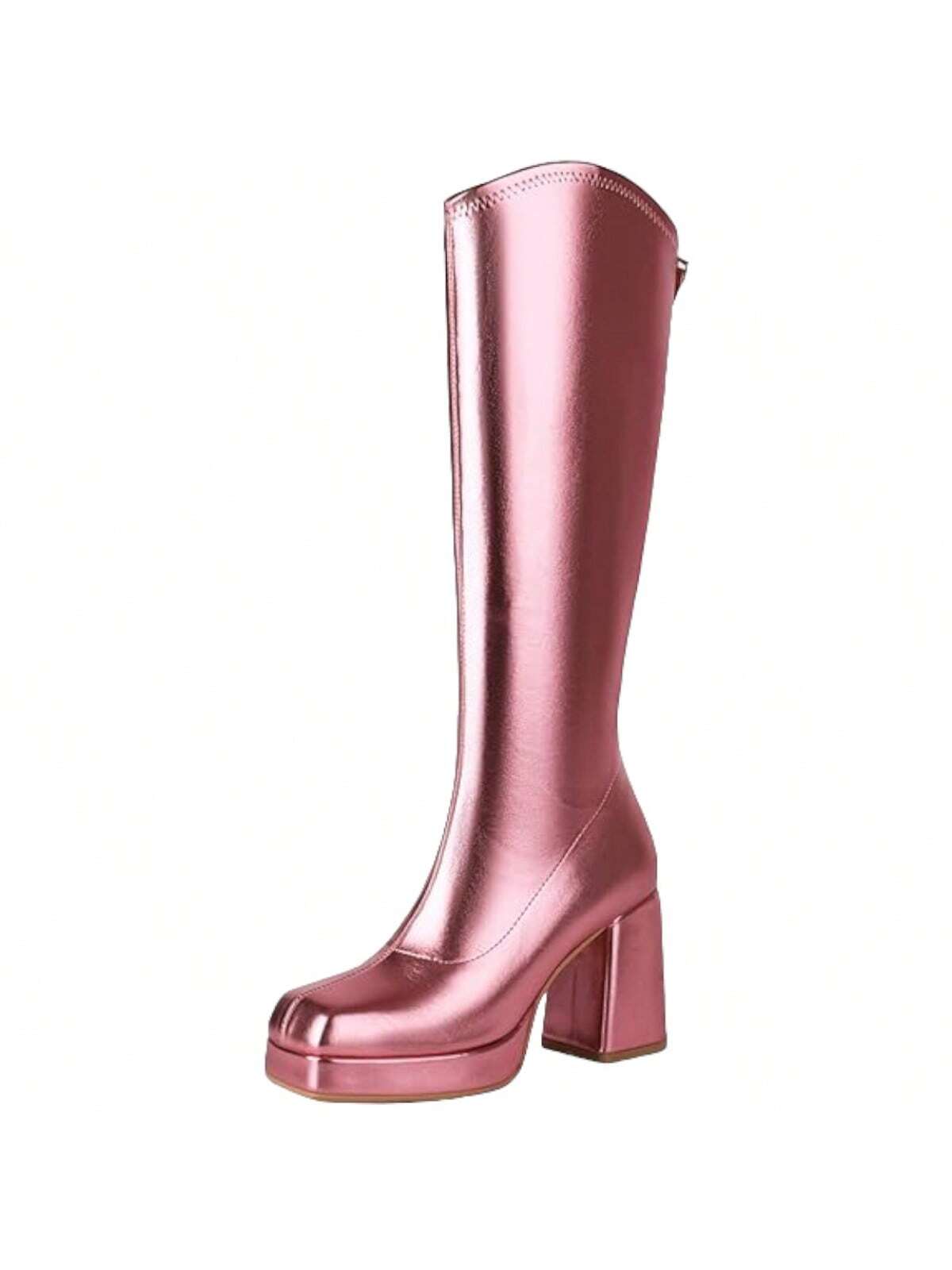 Knee-High Boots Square Toe Block Heel V-Shaped Back Zipper High Boots