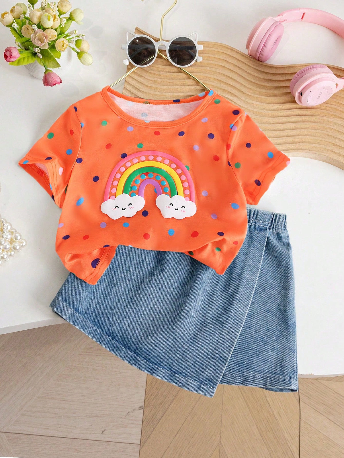 Young Girl Back To School Season Casual Cute Round Neck Regular Sleeves Colorful Polka Dot Rainbow Printed T-Shirt And Plain Denim Skort Set Summer