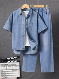 Boys' Street-Style Oversized Loose-Fit Denim Shirt & Elastic Waist Straight-Leg Jeans Outfit