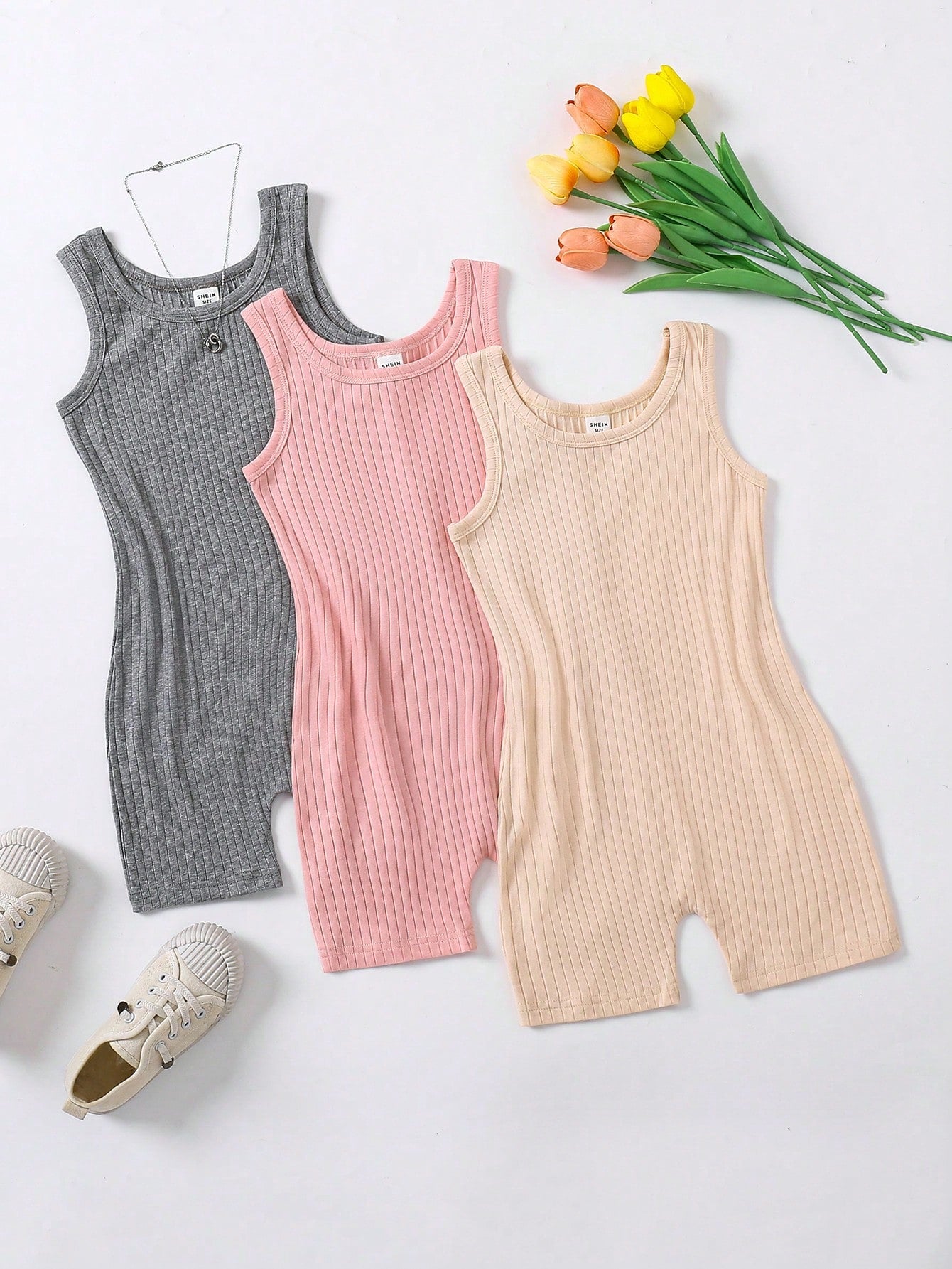 Young Girl Summer Casual Solid Color Ribbed Knitted Sleeveless Jumpsuit