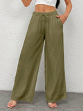 Women's Casual Solid Color Woven Drawstring Waist Wide Leg Pants