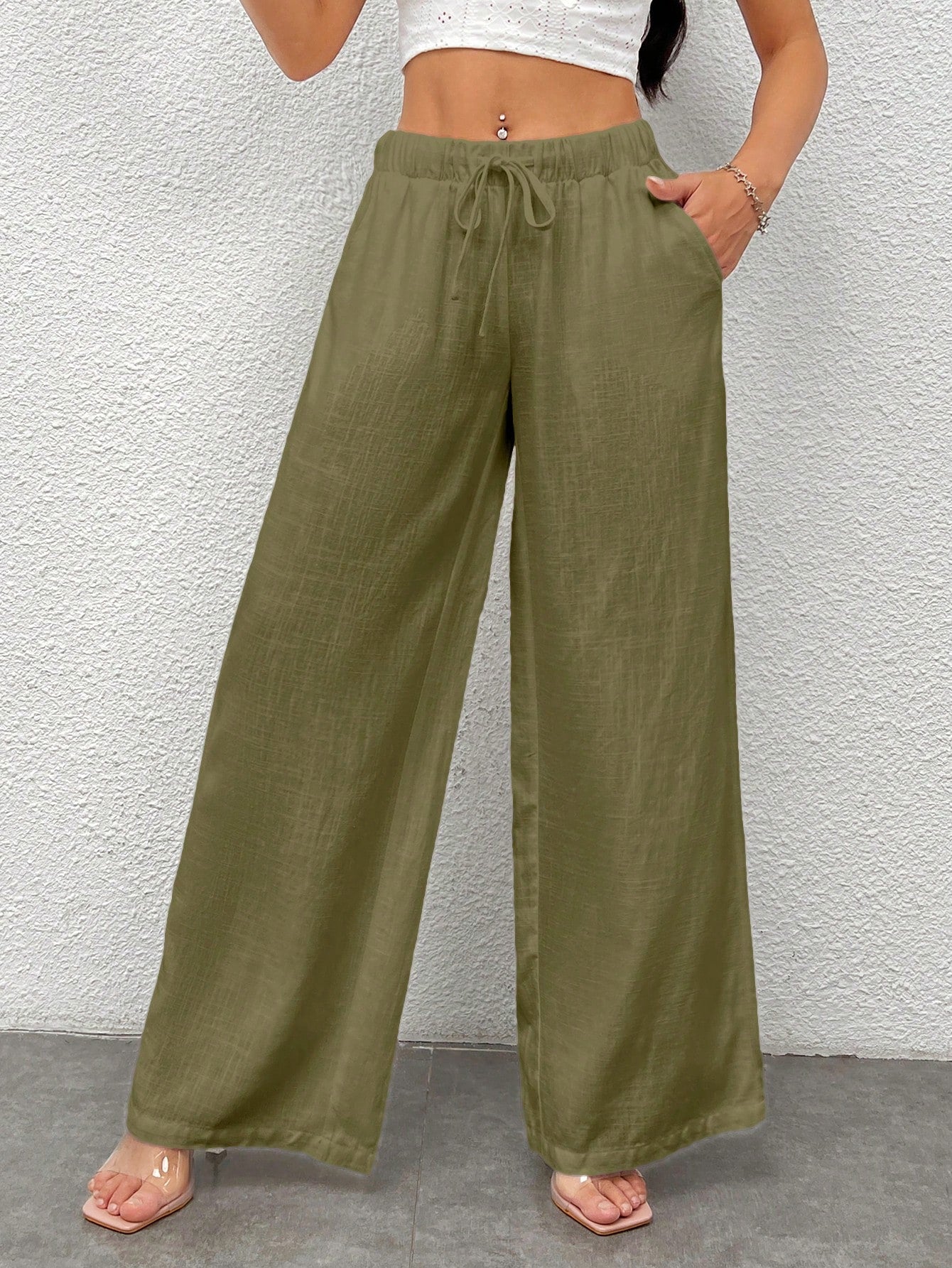 Women's Casual Solid Color Woven Drawstring Waist Wide Leg Pants