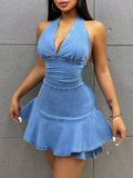 Ladies' Sexy Tight-Fit Denim Jumpsuit, Blue, Halter Neck And Short Length With Open Back