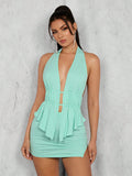Plunging Neck Backless Halter Top & Bodycon Skirt
