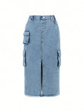 Girl's Blue Casual Split Denim Skirt With Cargo Pockets
