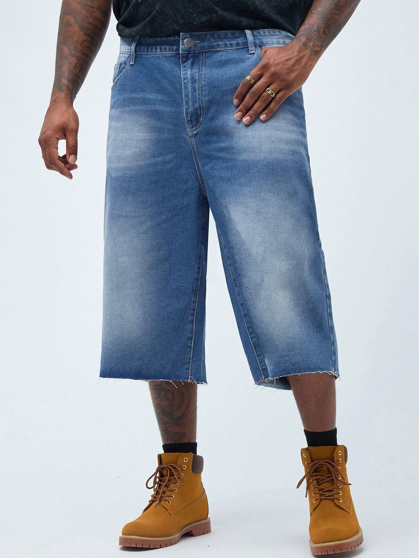 Men's Plus Size Loose-Fit Denim Shorts With Pockets And Frayed Hem