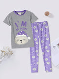 Tween Girl 2pcs Snug Fit Cute Sloth Print Short Sleeve And Long Pants Comfortable Pajama Set