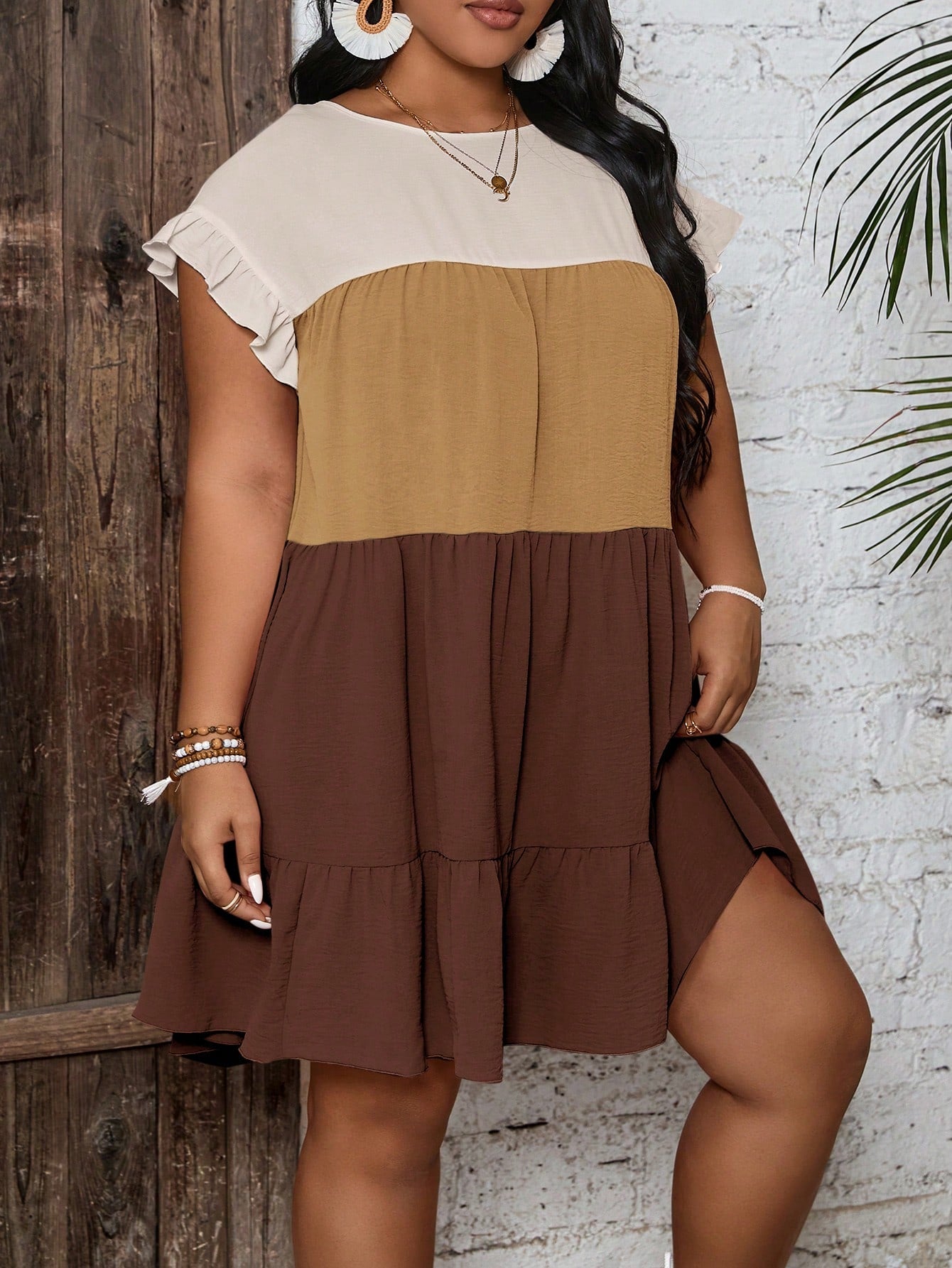 Plus Size Women's Beach Resort Style Color Block Patchwork A-Line Sleeveless Dress, Summer