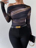 Raffinéa Marble Gradient Print Asymmetric Asymmetrical Neck Long Sleeve T-Shirt With Pleats