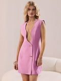 COSMINA Ladies' Summer Sexy Deep Wavy V-Neck Big Gold Button Pink Blazer Sleeveless Dress