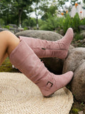 Beige Pleated Strap Buckle Side Zipper Flat Round Toe Casual, Comfortable, Versatile Knee-High Boots For Women