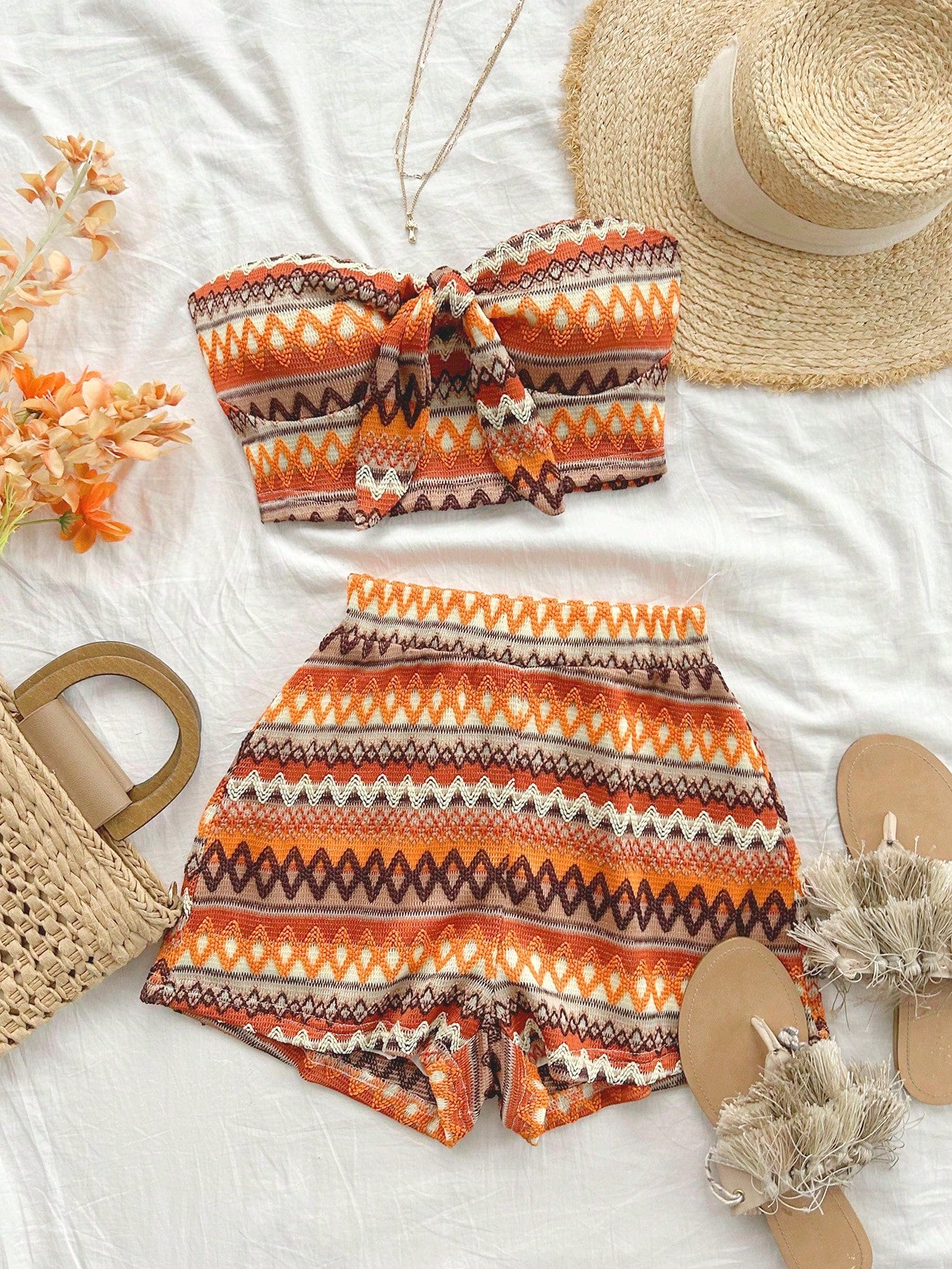 Vacation Bandeau Top & High Waisted Textured Shorts Two Pieces Set Outfit
